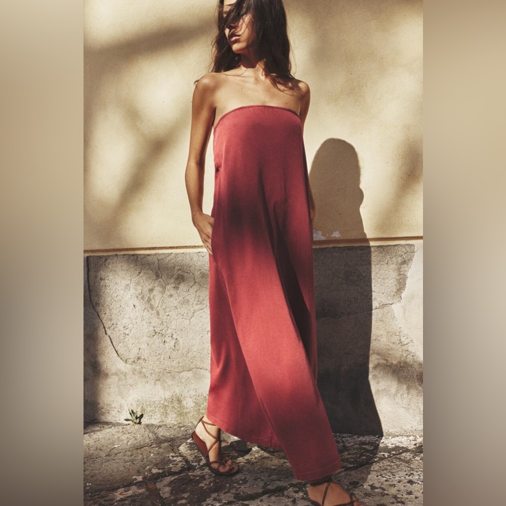 Zara Washed Heavy Cotton Burgundy MIDI Dress